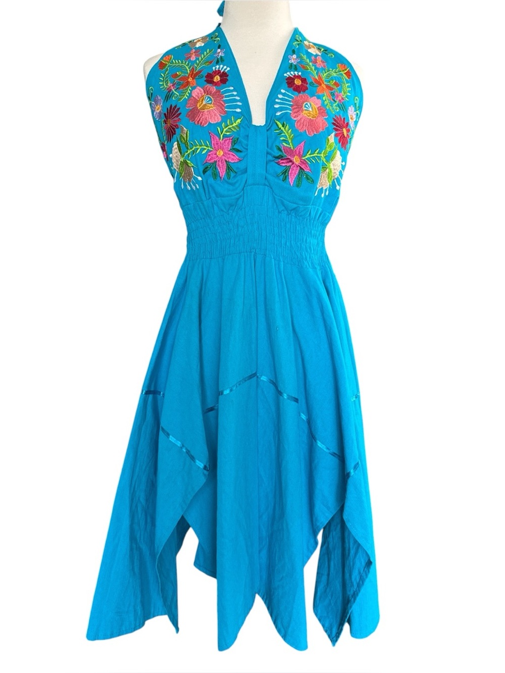 Authentic Mexican Floral Embroidered Halter Mini Dress Blue Handcrafted Size S-M
